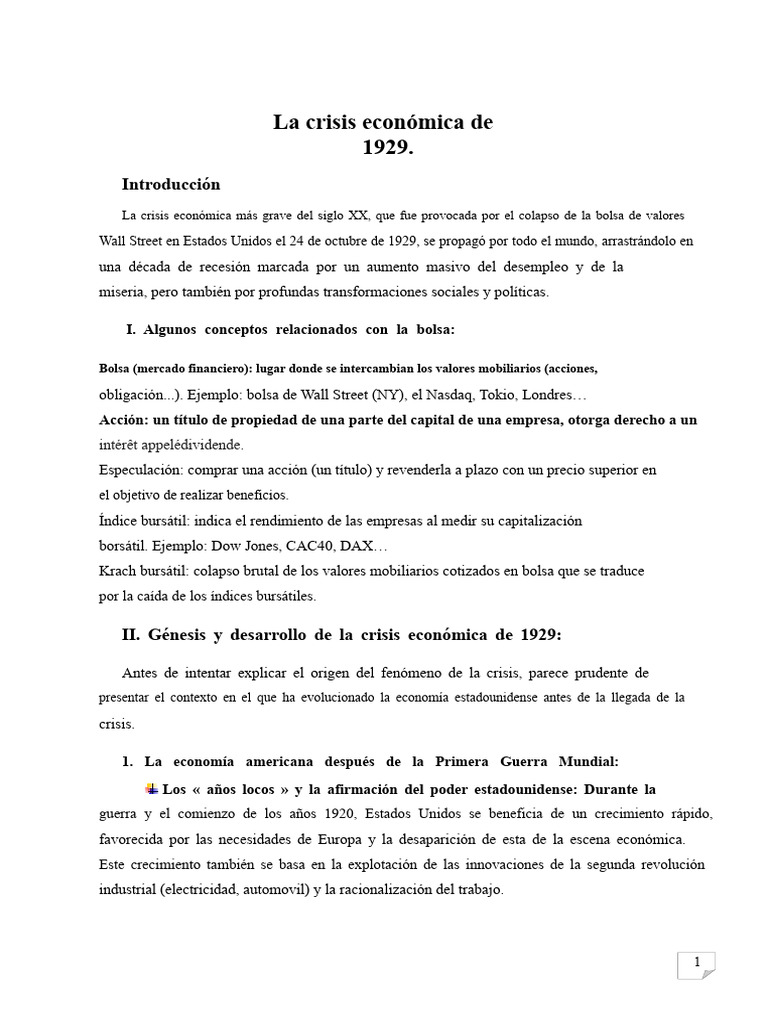 Crisis económica de 1929: causas y efectos | PDF | Gran depresion ...