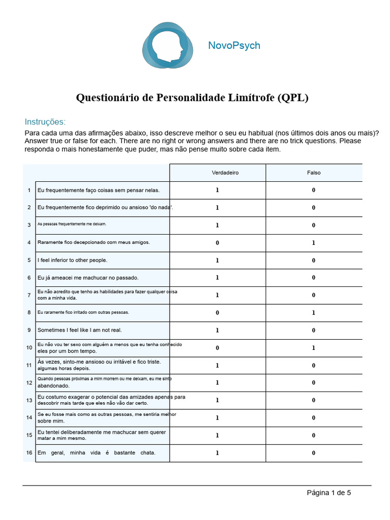 Questionário de Personalidade Limítrofe | PDF | Transtorno de ...