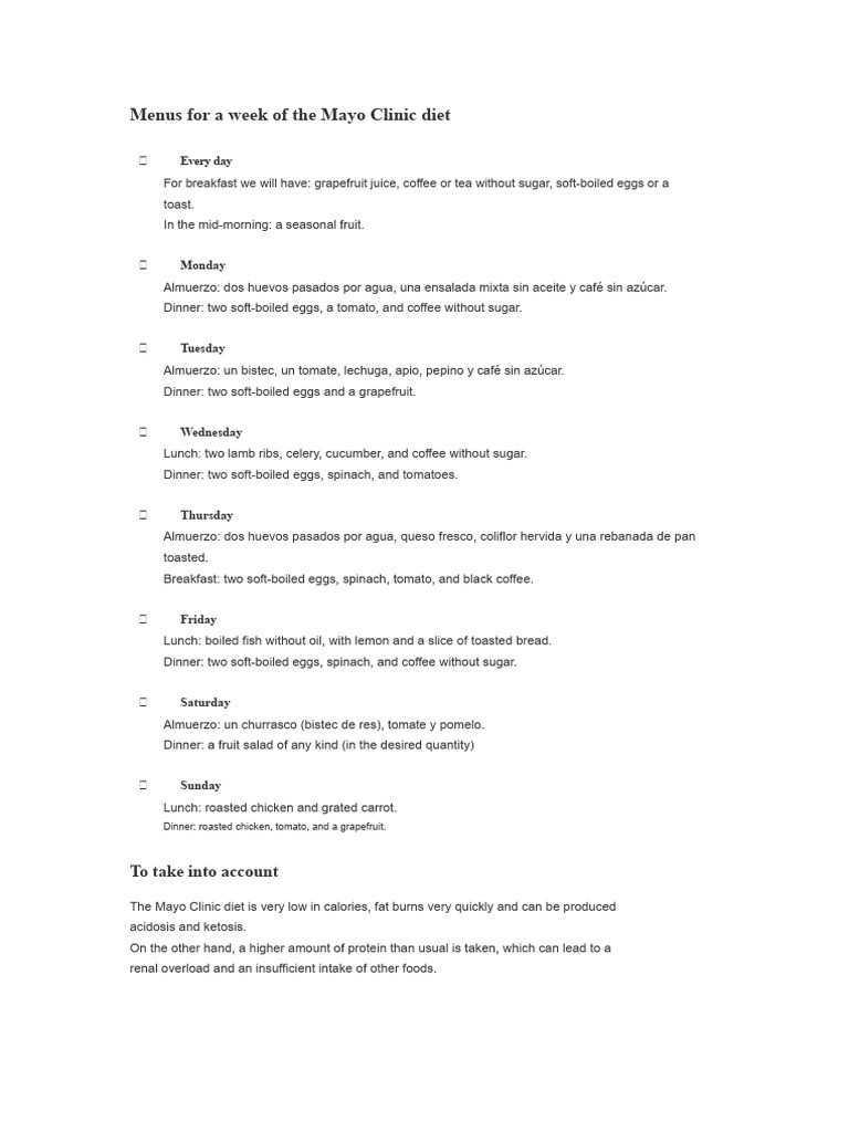 Menus For A Week of The Mayo Clinic Diet | PDF