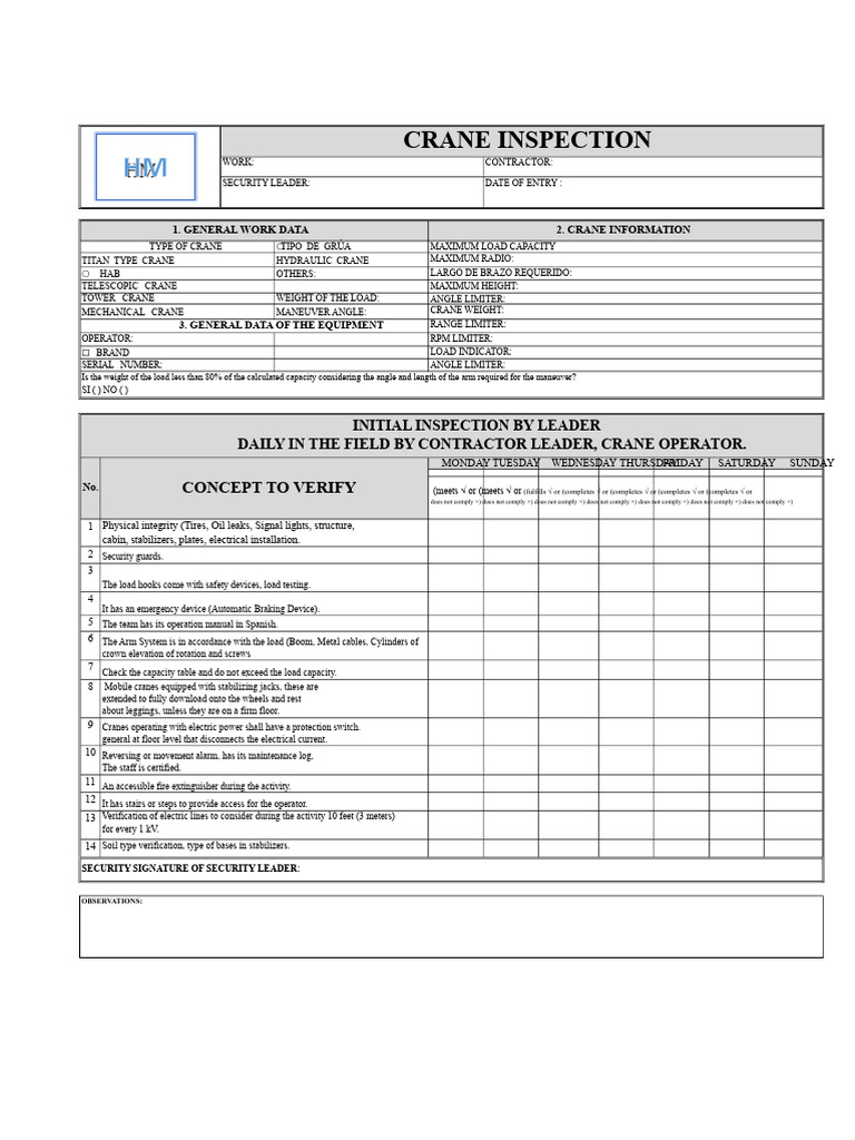 CRANE INSPECTION | PDF | Crane (Machine) | Manufactured Goods