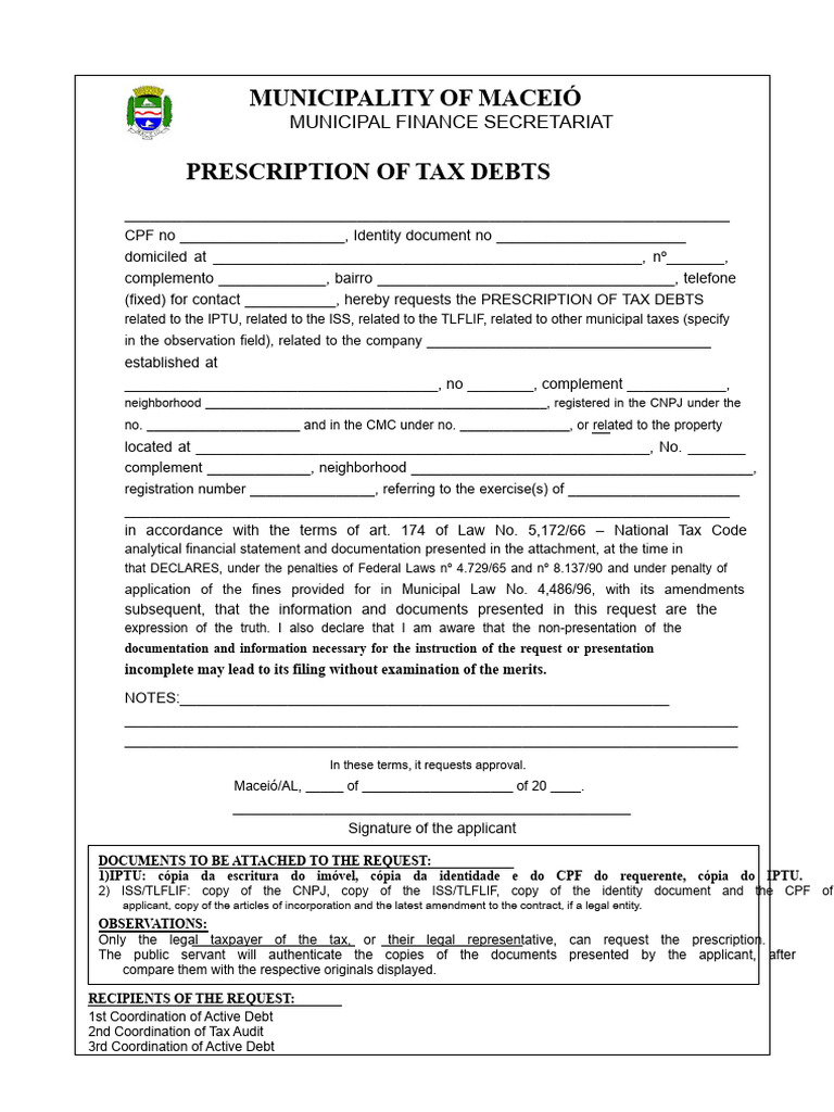 Tax Debt Prescription Request Form | PDF