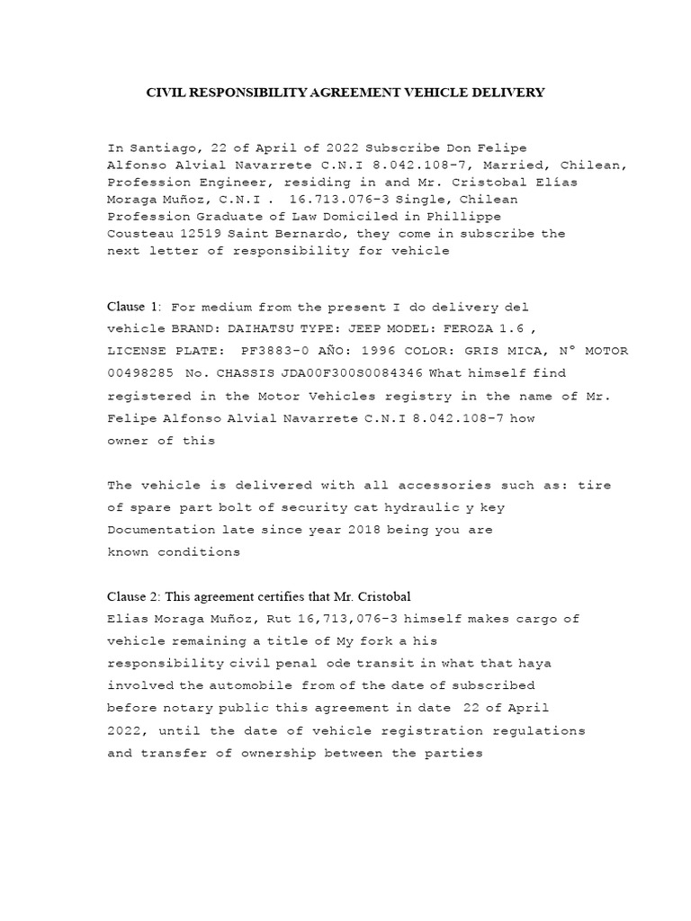 Vehicle Responsibility Agreement | PDF