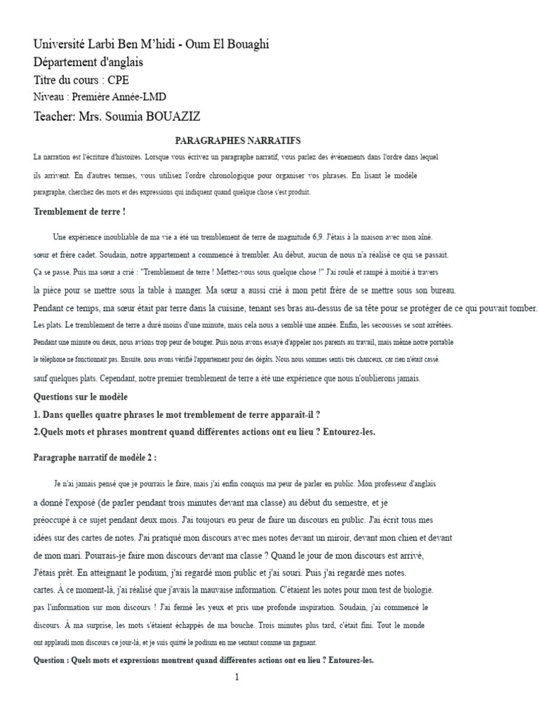 Paragraphe narratif : Techniques et exemples | PDF | Repas | Phrase
