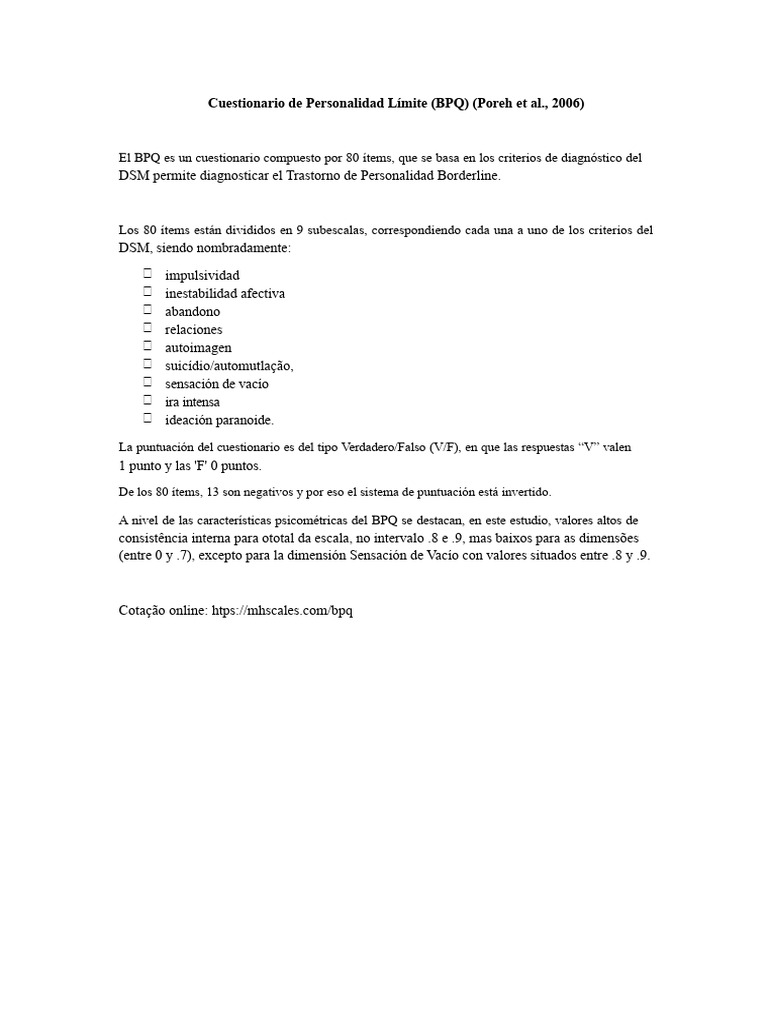 Cuestionario BPQ para Trastorno Borderline | PDF