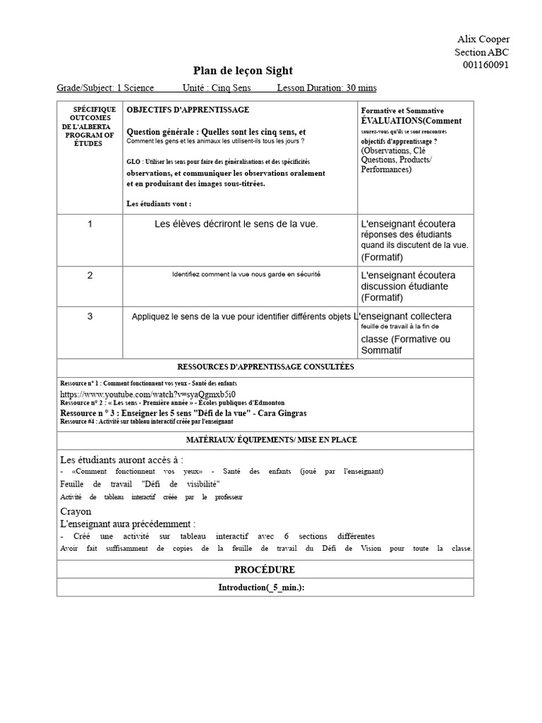 Leçon sur le Sens de la Vue en Science | PDF | Apprentissage