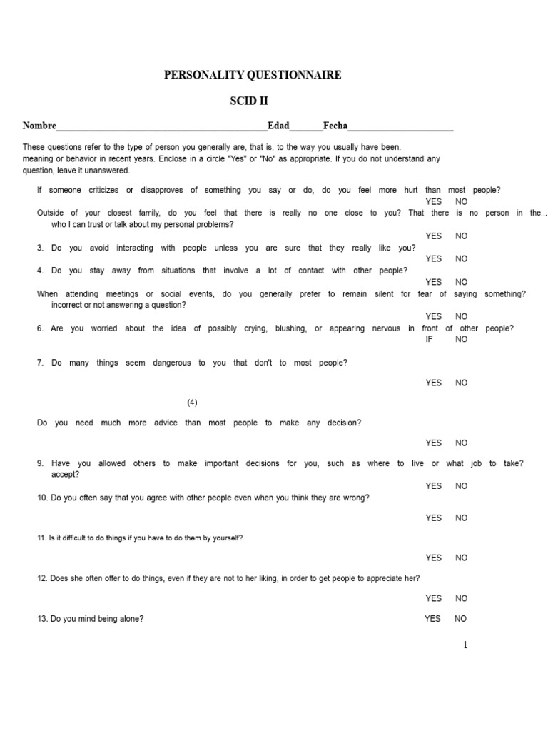 SCID II Personality Questionnaire | PDF | Psychology | Psychological ...