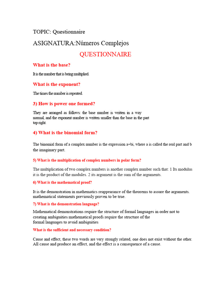 Complex Numbers Questionnaire Guide | PDF | Complex Number | Numbers
