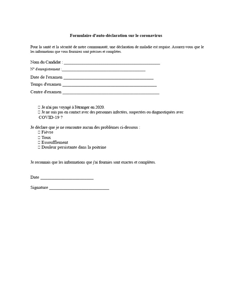 Formulaire d'auto-déclaration COVID-19 | PDF