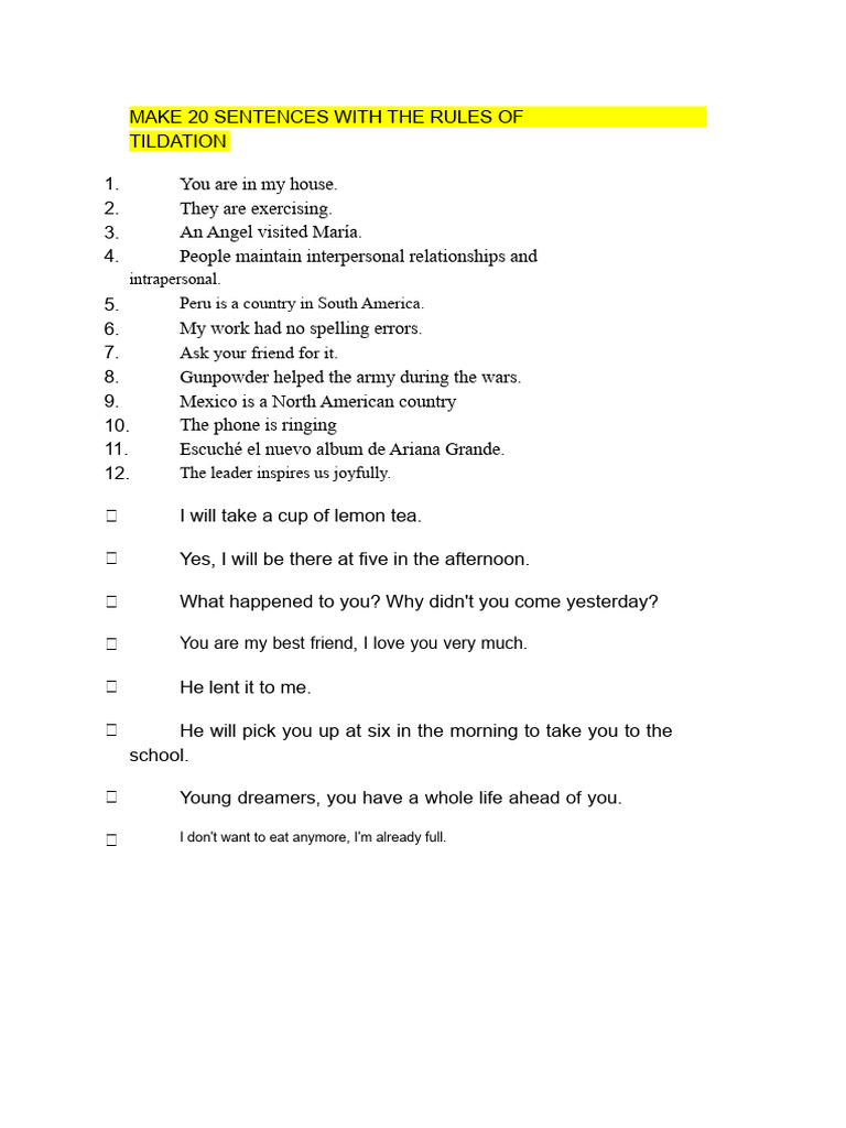 20 Example Sentences Using Tildation | PDF