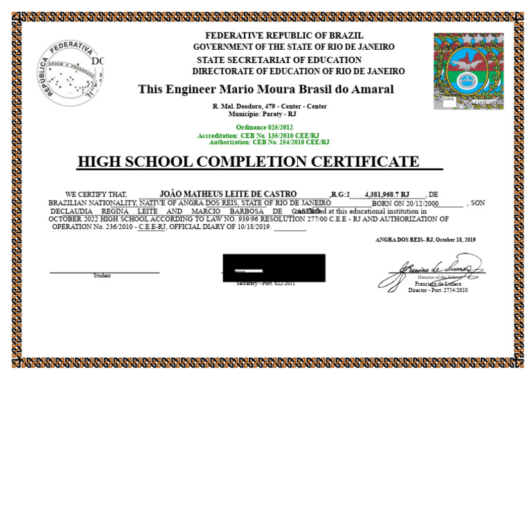 HIGH SCHOOL CERTIFICATE JOAO | PDF