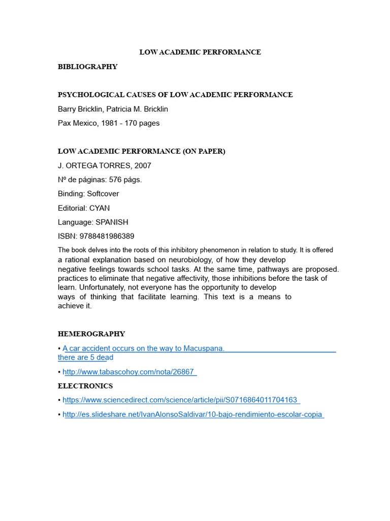 Psychological Causes of Low Academic Performance | PDF