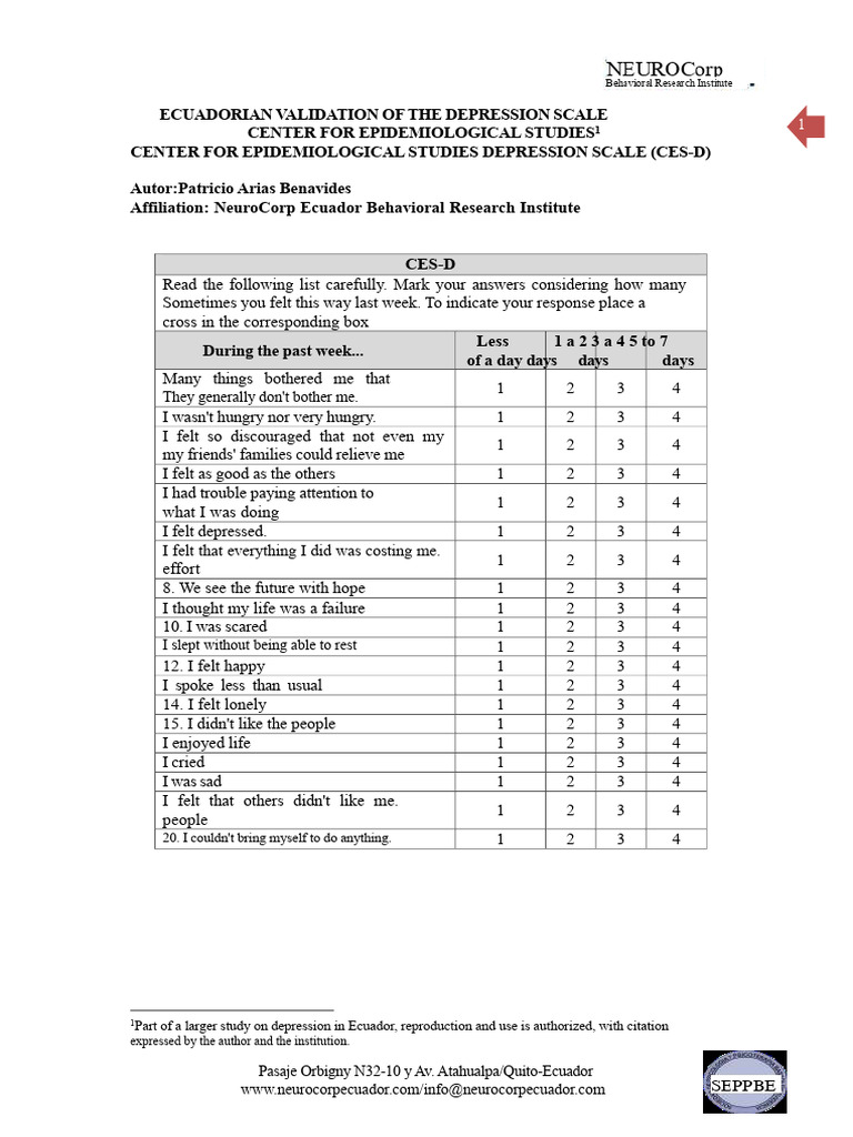 CES-D Depression Scale PDF | PDF | Major Depressive Disorder | Psychology