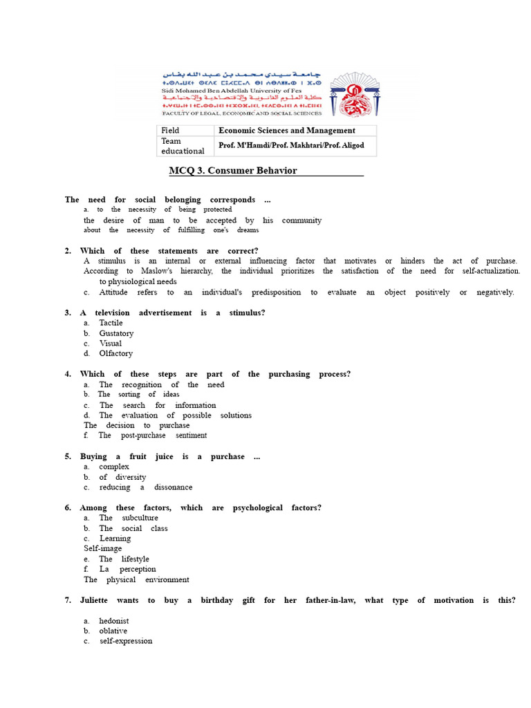 MCQ on Consumer Behavior Concepts | PDF