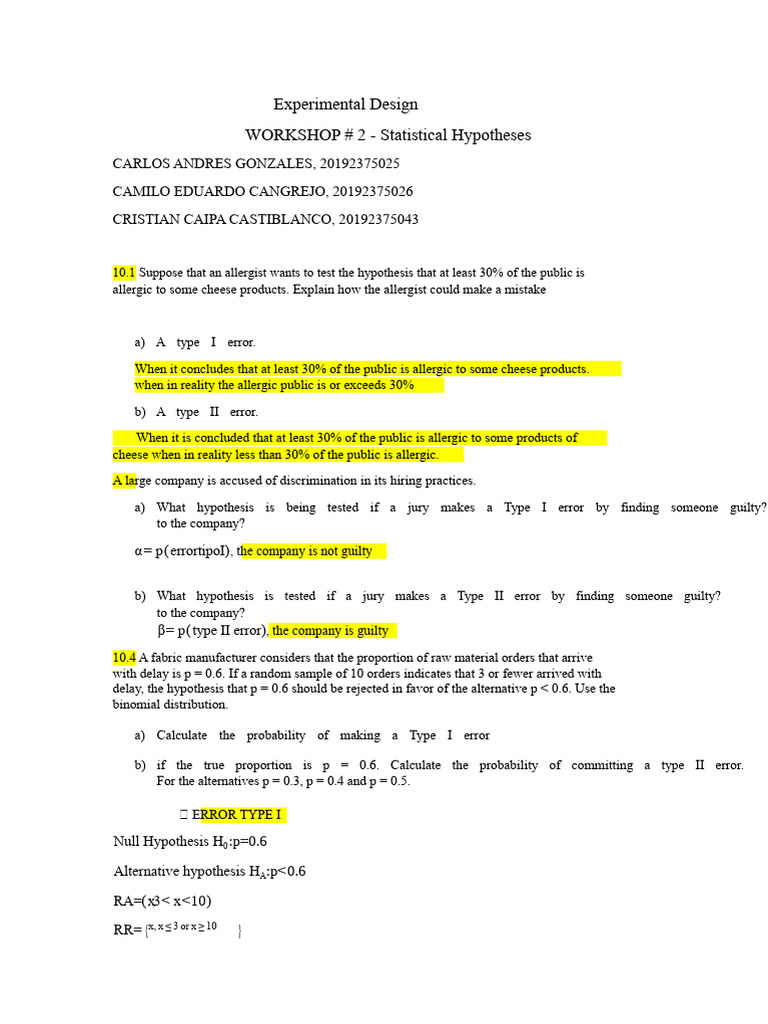 Statistical Hypotheses in Experimental Design | PDF | Type I And Type ...