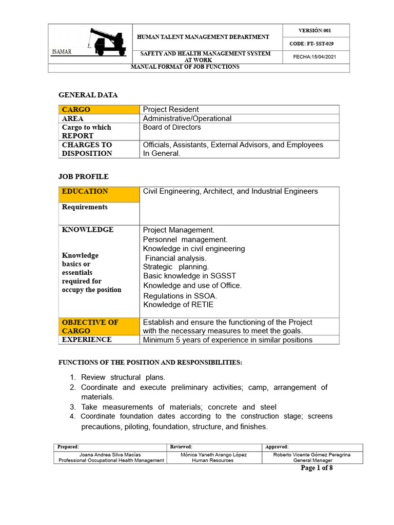Job Functions Manual for Safety Roles | PDF | Occupational Safety And ...