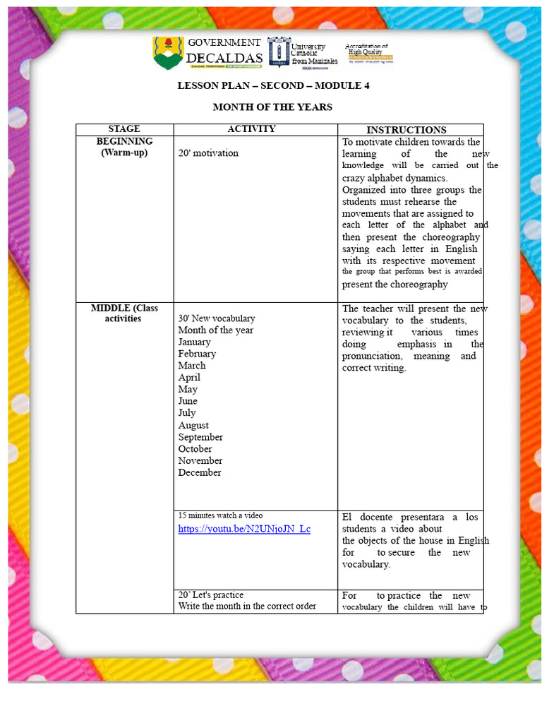 LESSON PLAN MONTH OF THE YEAR 2nd GRADE | PDF | Learning | Linguistics