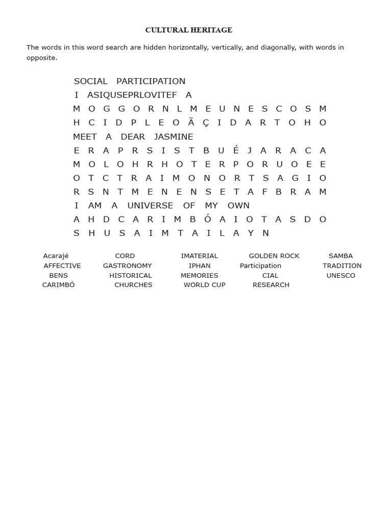Cultural Heritage Word Search Puzzle | PDF | Word Puzzles | Puzzles