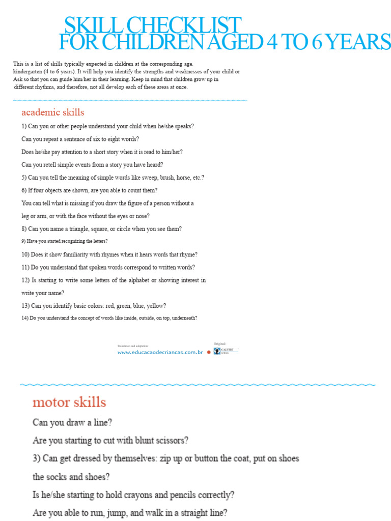 Checklist of Skills For Children Aged 4 To 6 Years | PDF | Cognition ...