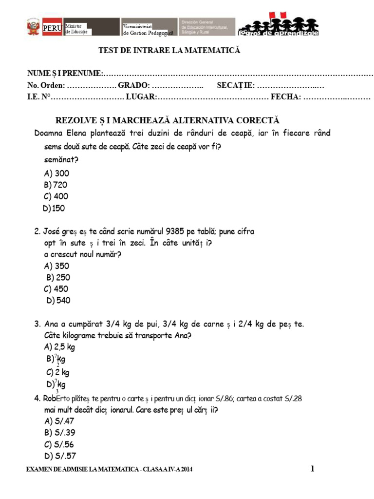Test de Clasa A IV-a | PDF
