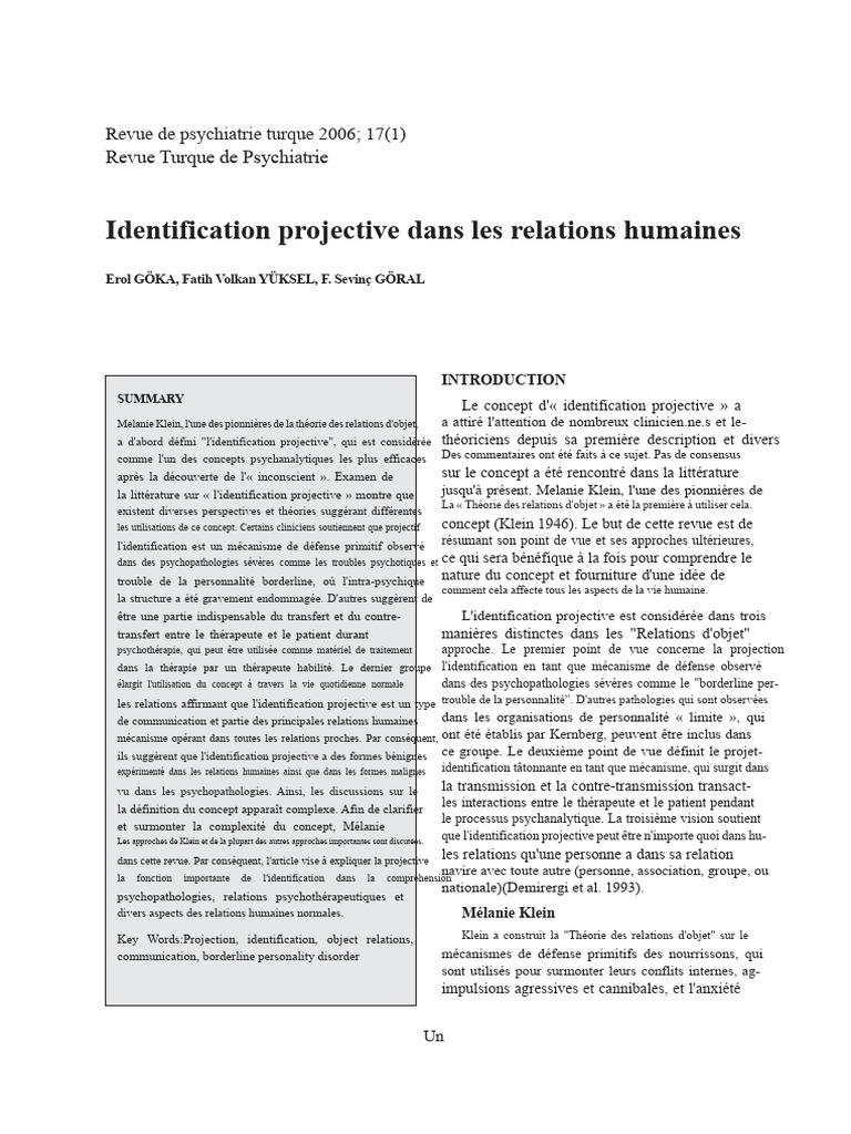 Identification projective en psychothérapie | PDF | Psychopathologie ...