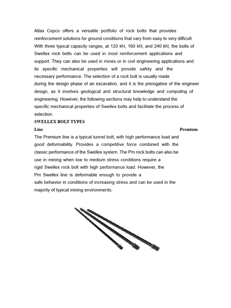 Swellex Rock Bolts: Reinforcement Solutions | PDF | Screw | Engineering