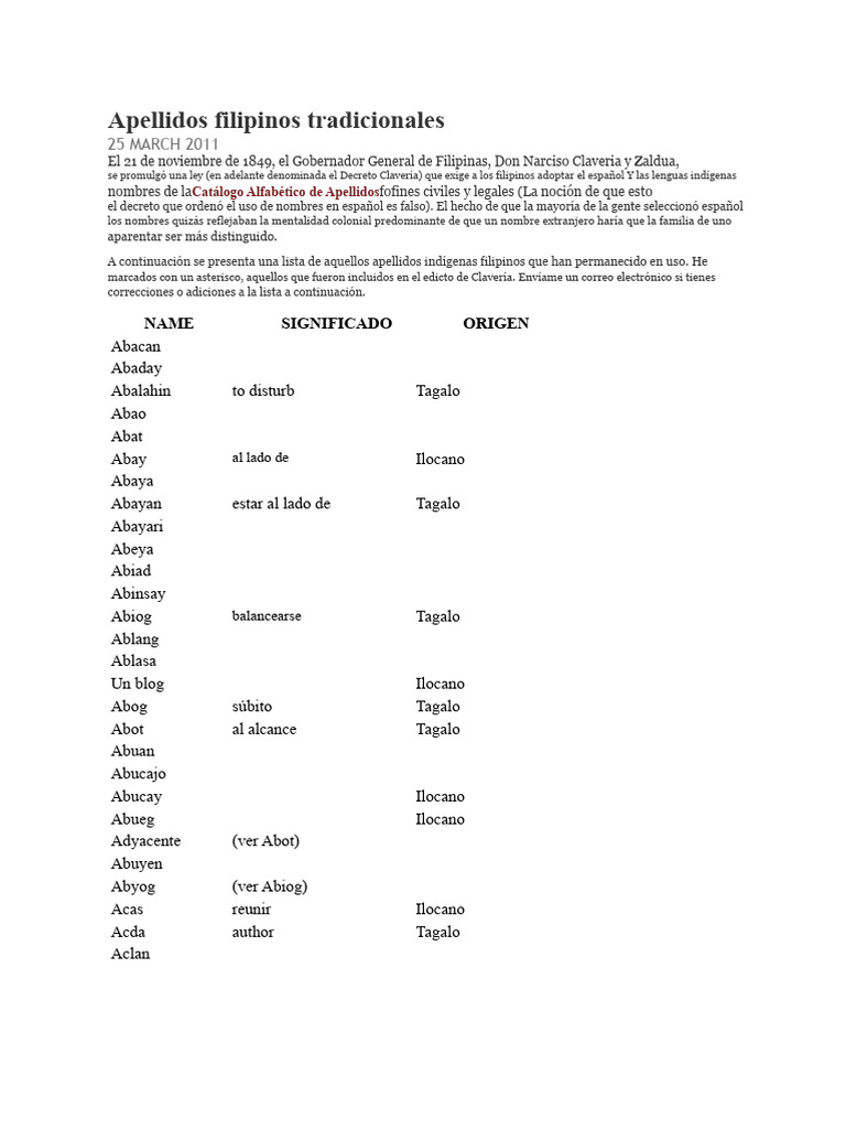 Apellidos Tradicionales Filipinos | PDF | Idioma tagalo | Filipinas