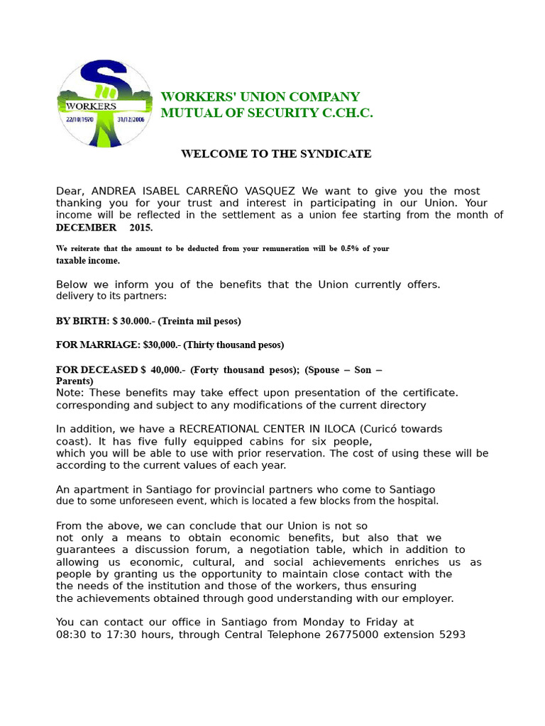 Welcome Letter to the Union | PDF