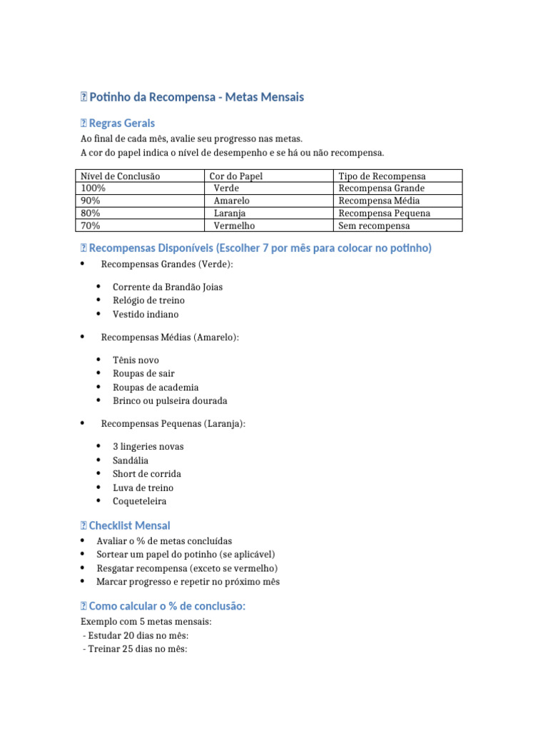 Potinho Da Recompensa Metas Mensais | PDF