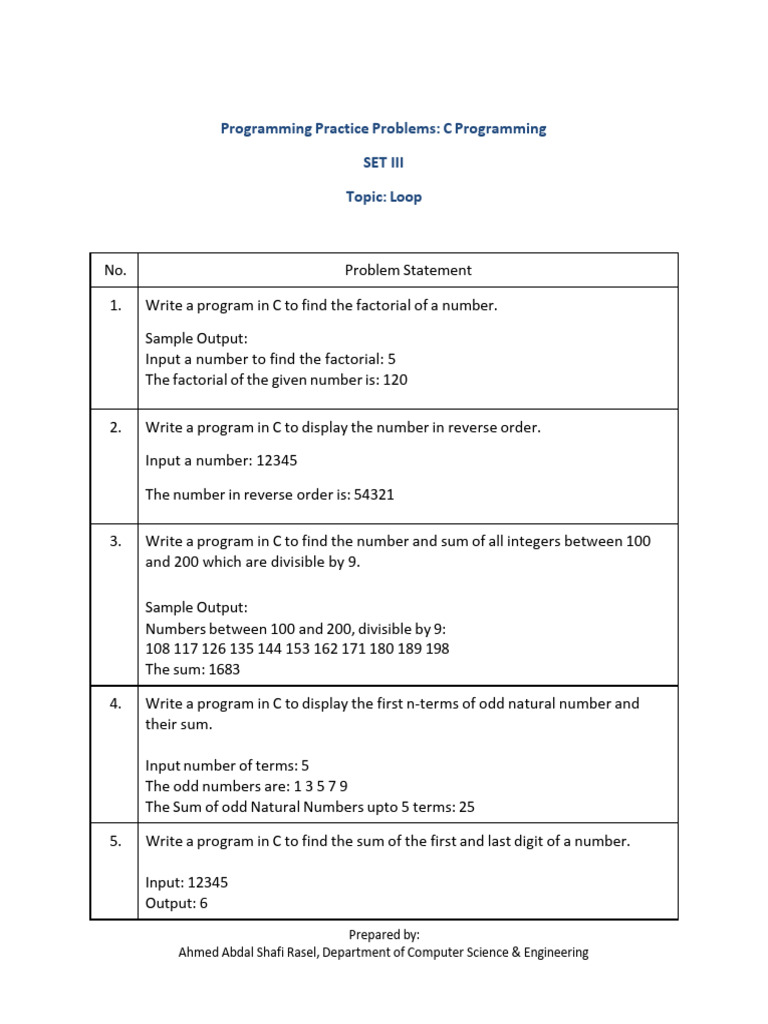 C Programming Practice Problems: Loops | PDF | Numbers | Elementary ...