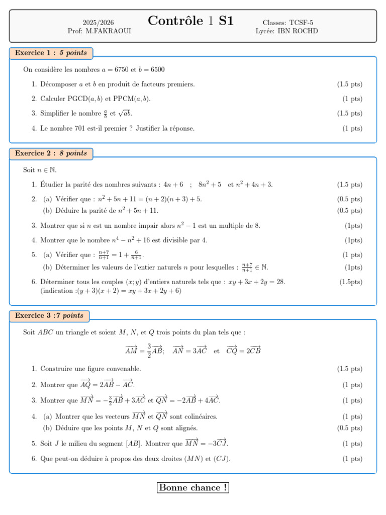 Contrôle de mathématiques S1 TCSF-5 | PDF | Théorie des nombres ...