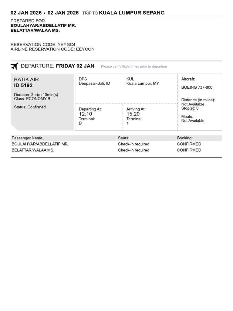 Ticket Reservation DPS KUL | PDF