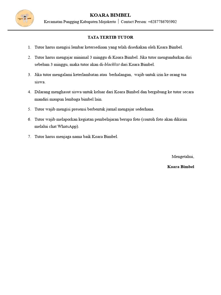 Tata Tertib Tutor Koara Bimbel Mojokerto | PDF