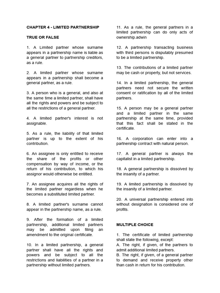 Limited Partnership: True or False Quiz | PDF | Limited Partnership ...