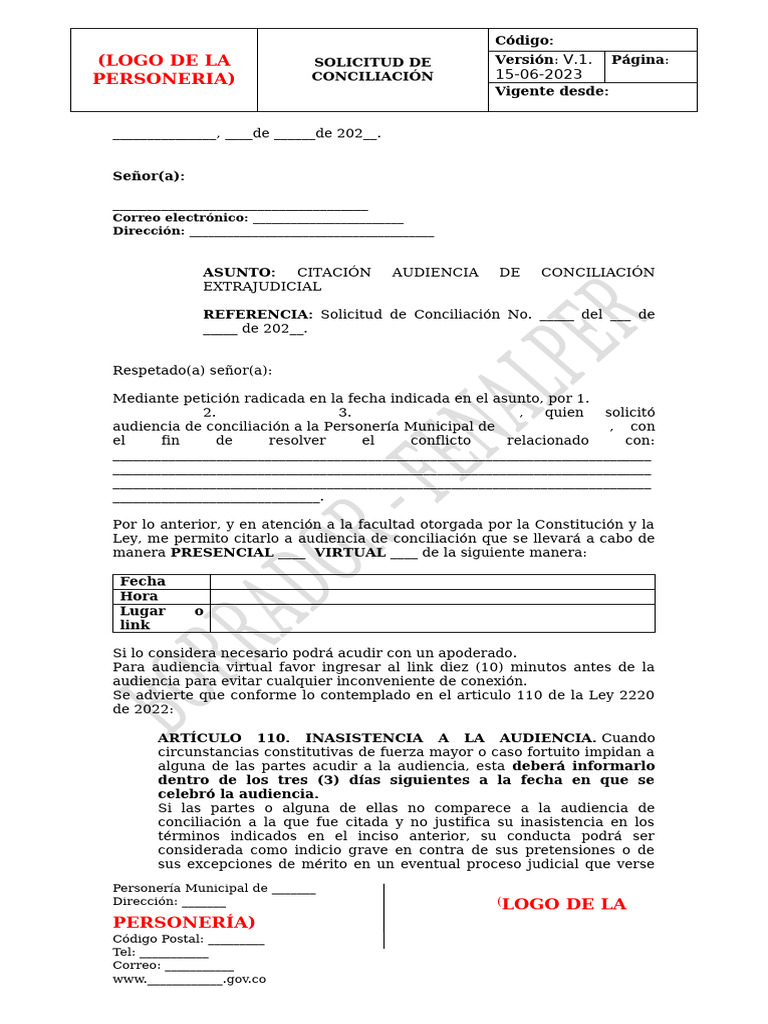 Citación a Audiencia de Conciliación | PDF | Justicia | Crimen y violencia