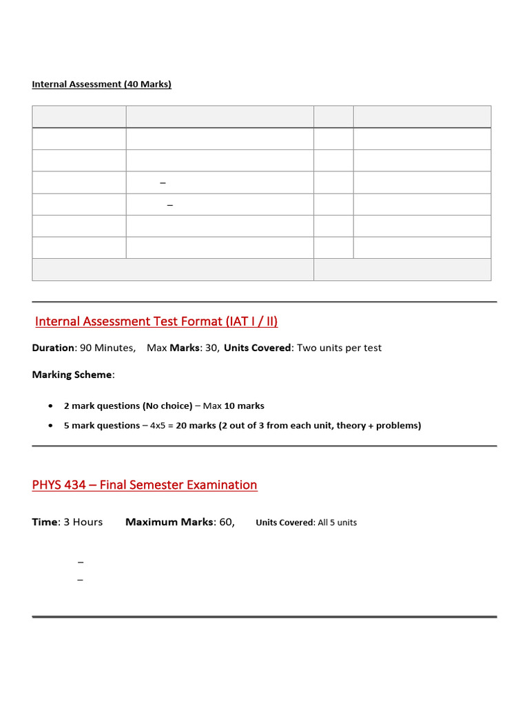 Internal Semester Exam Pattern PHYS 434 | PDF