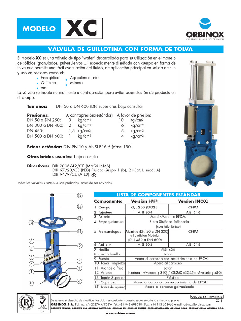 Orbinox Válvulas de Guillotina Modelo XC | PDF | Acero | Rieles