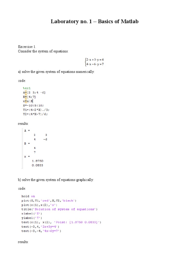 Laboratory No. 1 - Basics of Matlab: Excercise 1. Consider The System ...