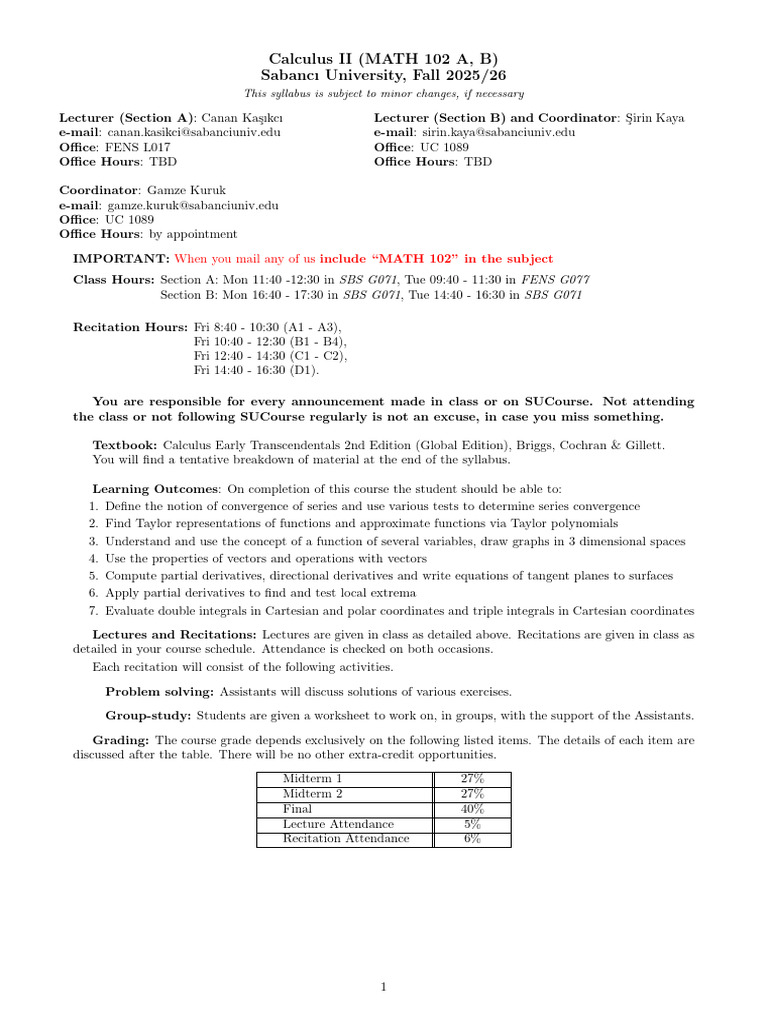 Calculus II Syllabus - Sabancı University | PDF | Derivative | Gradient