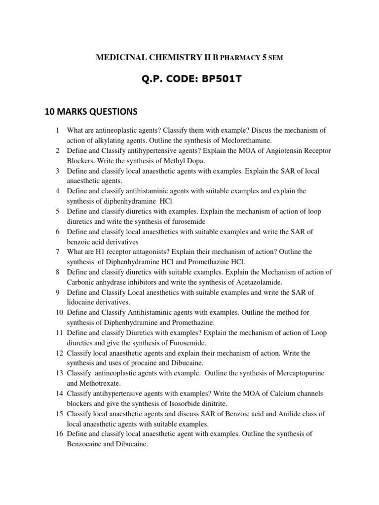 Medicinal Chemistry Questions for B Pharmacy | PDF | Pharmacology ...