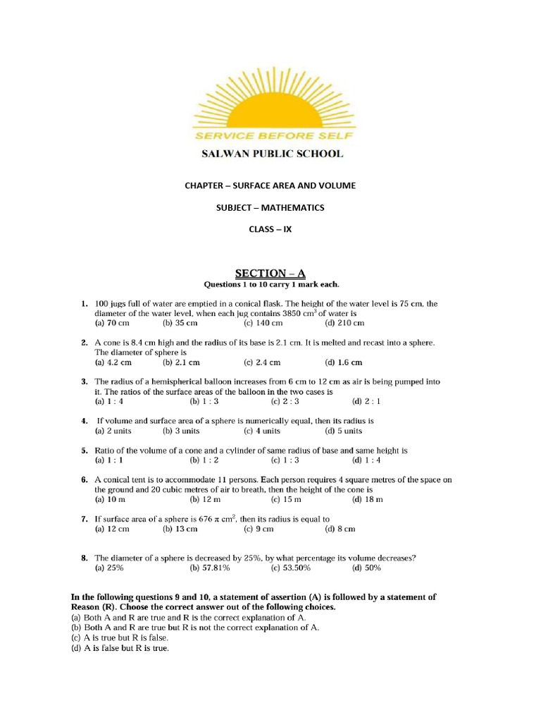 Surface Area and Volume Class 9 Worksheet | PDF