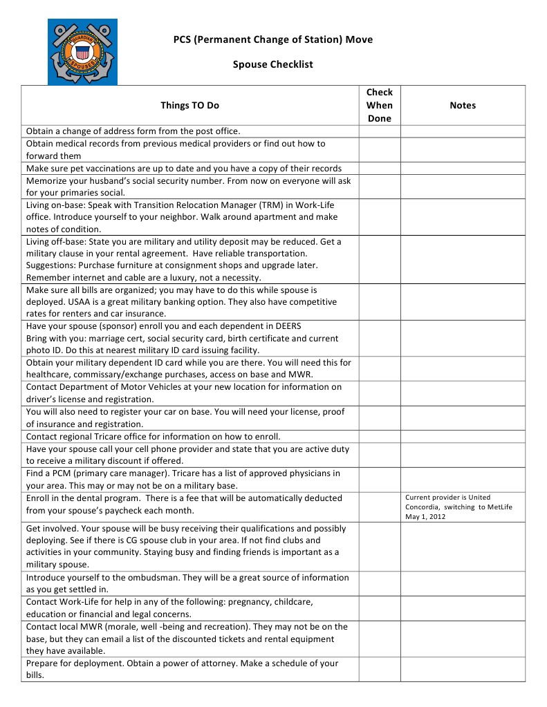 PCS (Permanent Change of Station) Move Spouse Checklist: Things TO Do ...