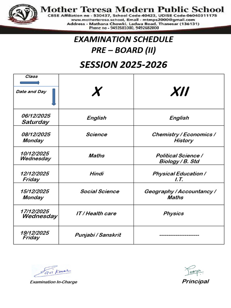 Pre-Board Exam Schedule 2025-2026 | PDF