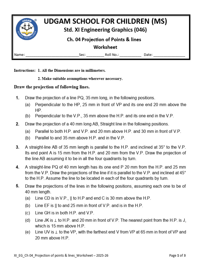 Projection of Points & Lines Worksheet | PDF | Elementary Geometry ...