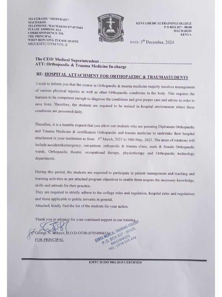 Letter For KMTC Machakos Attachment Requests | PDF