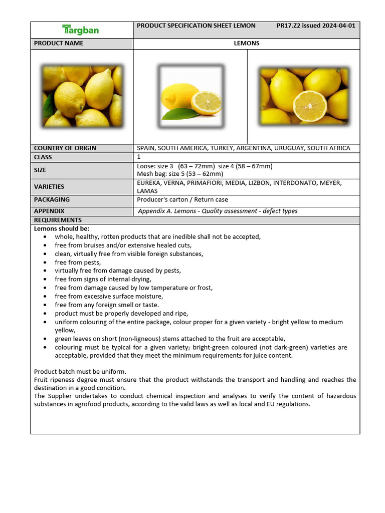Lemon Product Specification Sheet | PDF