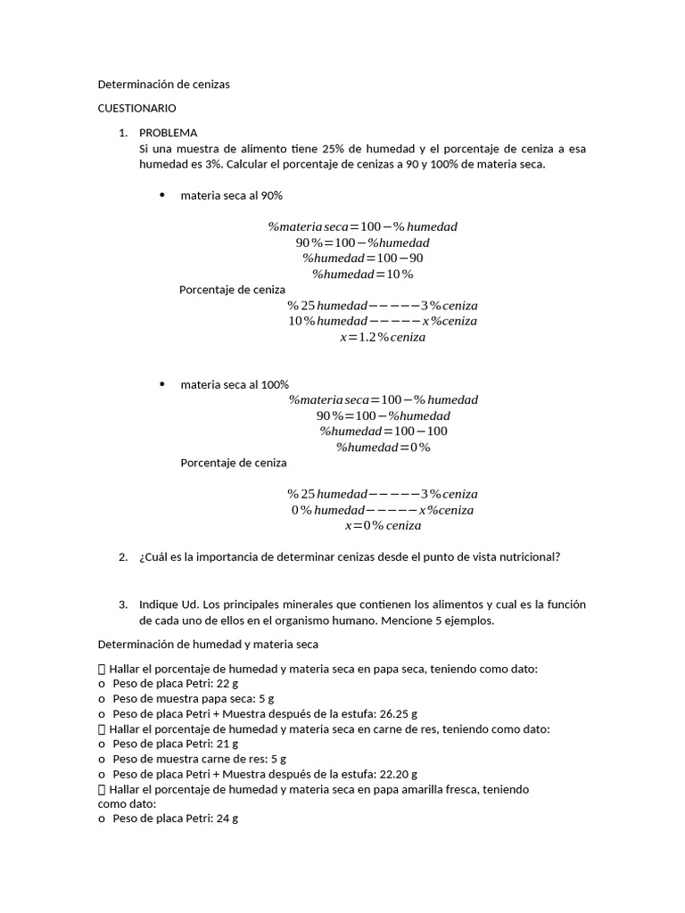 Cálculo de Cenizas y Humedad en Alimentos | PDF