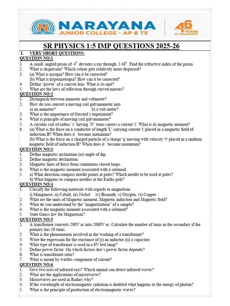 SR Physics 1:5 Important Questions 2025-26 | PDF | Magnetic Field ...
