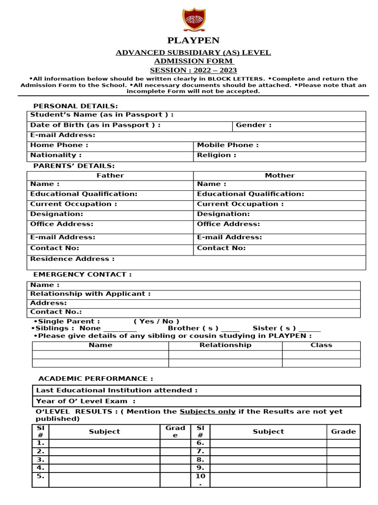 Playpen A-Level Admission Form 2022-2023 | PDF