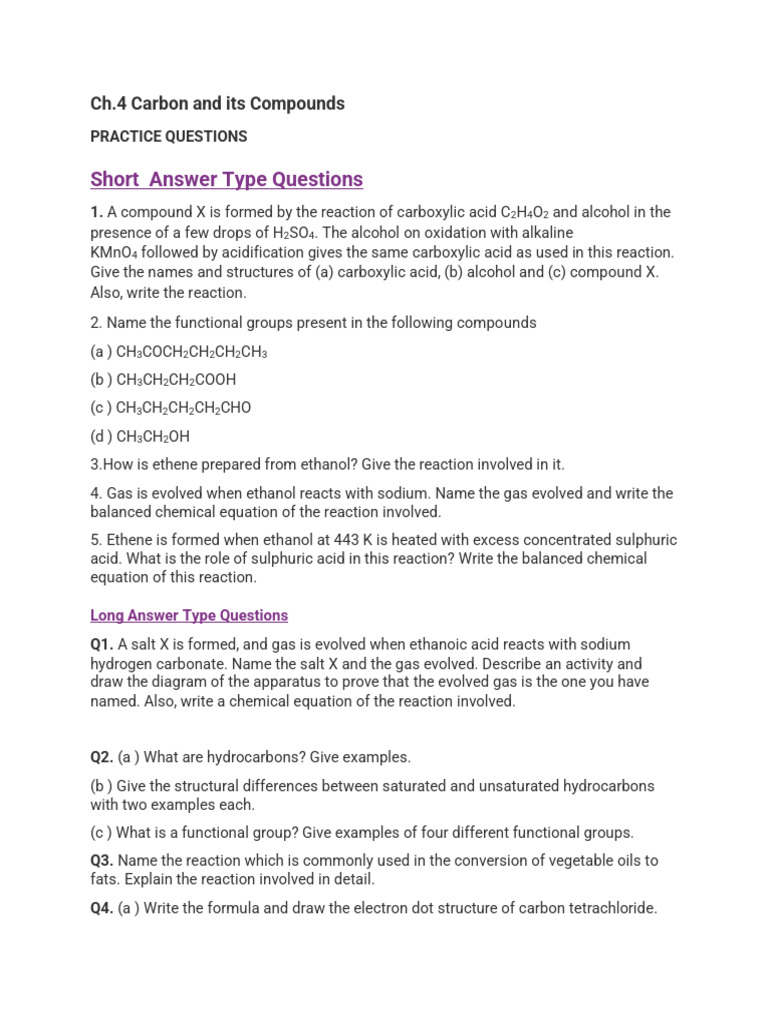 Carbon Compounds Practice Questions | PDF | Chemical Reactions | Ethanol