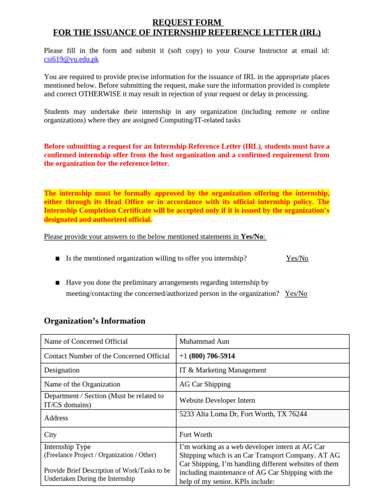 Internship Reference Letter Request Form | PDF